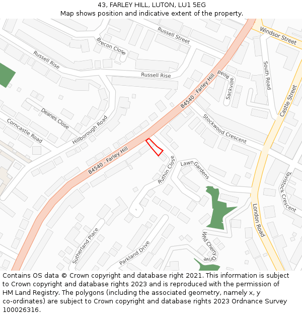 43, FARLEY HILL, LUTON, LU1 5EG: Location map and indicative extent of plot