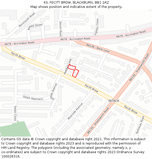 43, FECITT BROW, BLACKBURN, BB1 2AZ: Location map and indicative extent of plot