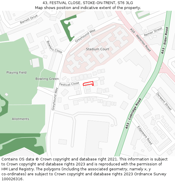 43, FESTIVAL CLOSE, STOKE-ON-TRENT, ST6 3LG: Location map and indicative extent of plot