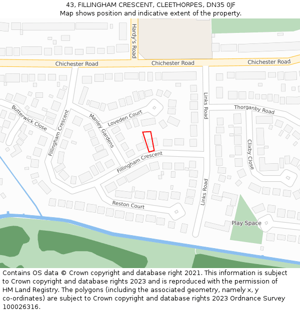 43, FILLINGHAM CRESCENT, CLEETHORPES, DN35 0JF: Location map and indicative extent of plot