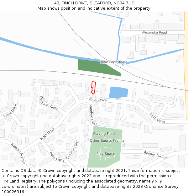 43, FINCH DRIVE, SLEAFORD, NG34 7US: Location map and indicative extent of plot