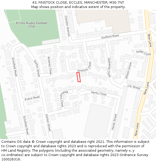 43, FINSTOCK CLOSE, ECCLES, MANCHESTER, M30 7NT: Location map and indicative extent of plot