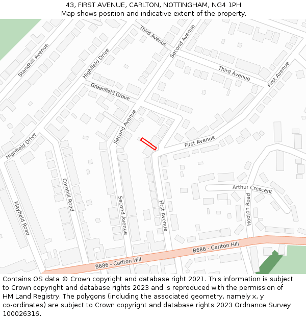 43, FIRST AVENUE, CARLTON, NOTTINGHAM, NG4 1PH: Location map and indicative extent of plot