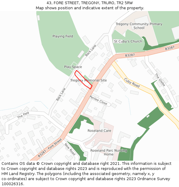 43, FORE STREET, TREGONY, TRURO, TR2 5RW: Location map and indicative extent of plot