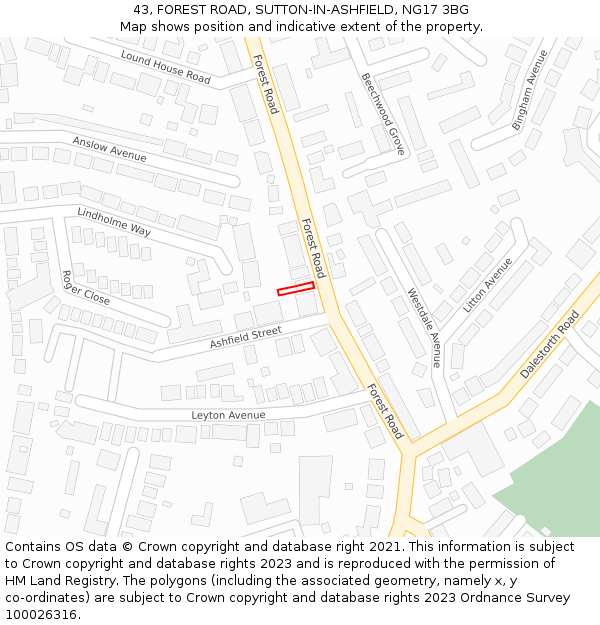 43, FOREST ROAD, SUTTON-IN-ASHFIELD, NG17 3BG: Location map and indicative extent of plot