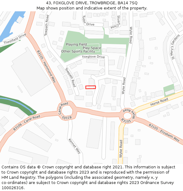 43, FOXGLOVE DRIVE, TROWBRIDGE, BA14 7SQ: Location map and indicative extent of plot