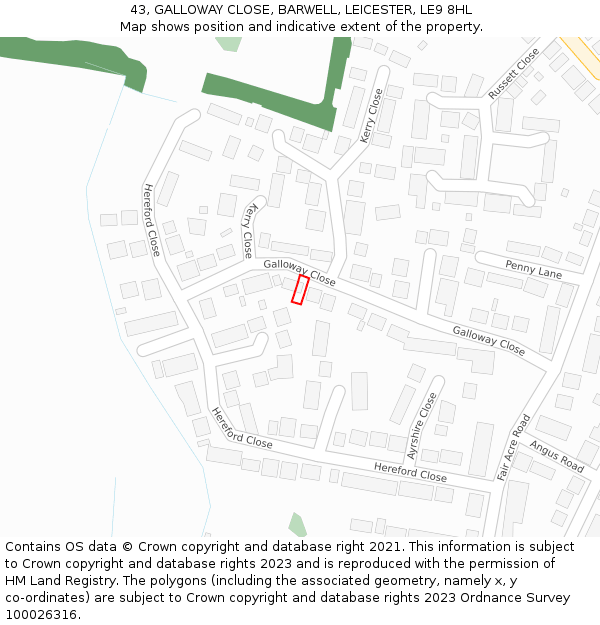 43, GALLOWAY CLOSE, BARWELL, LEICESTER, LE9 8HL: Location map and indicative extent of plot