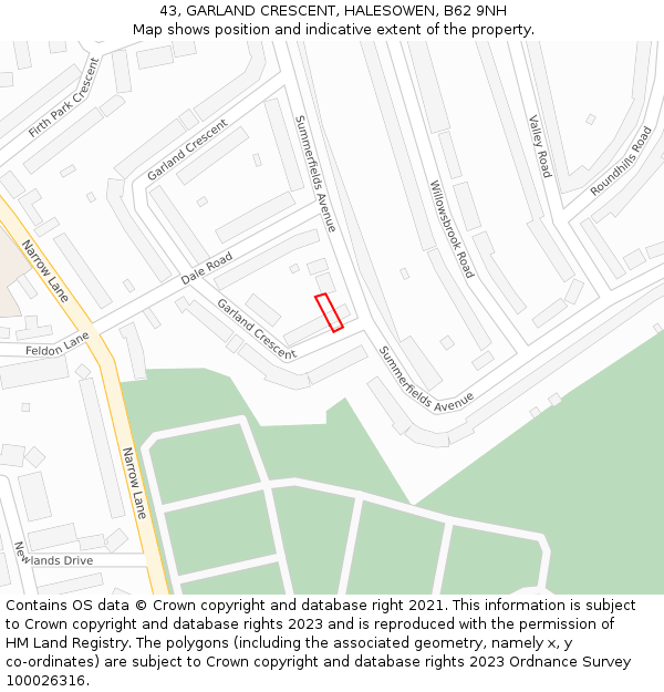 43, GARLAND CRESCENT, HALESOWEN, B62 9NH: Location map and indicative extent of plot