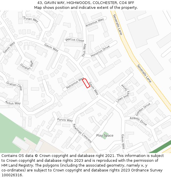 43, GAVIN WAY, HIGHWOODS, COLCHESTER, CO4 9FF: Location map and indicative extent of plot