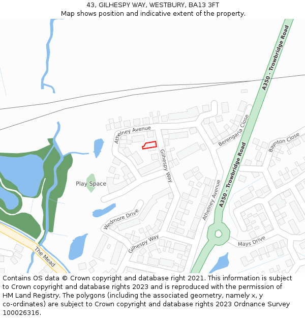 43, GILHESPY WAY, WESTBURY, BA13 3FT: Location map and indicative extent of plot