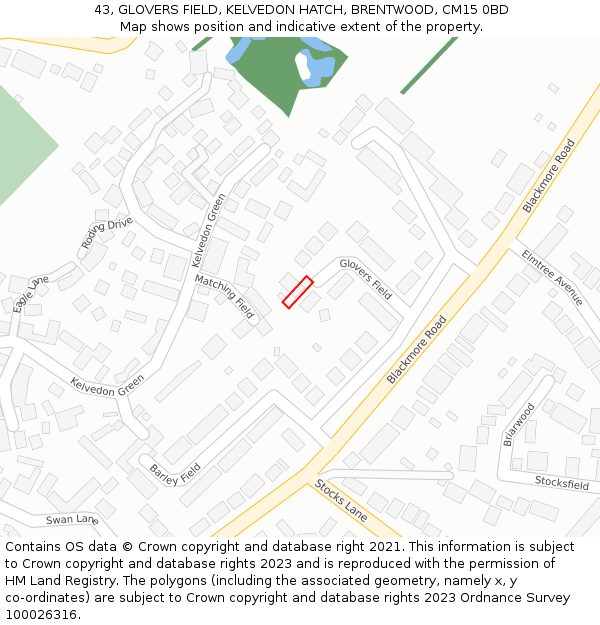 43, GLOVERS FIELD, KELVEDON HATCH, BRENTWOOD, CM15 0BD: Location map and indicative extent of plot