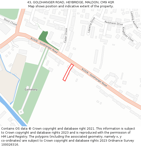 43, GOLDHANGER ROAD, HEYBRIDGE, MALDON, CM9 4QR: Location map and indicative extent of plot