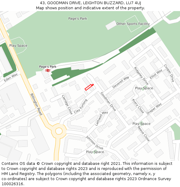 43, GOODMAN DRIVE, LEIGHTON BUZZARD, LU7 4UJ: Location map and indicative extent of plot