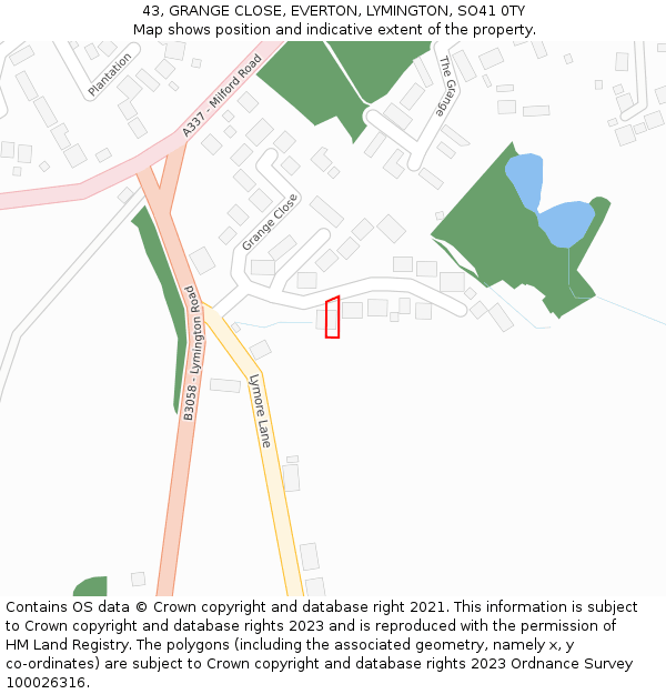 43, GRANGE CLOSE, EVERTON, LYMINGTON, SO41 0TY: Location map and indicative extent of plot