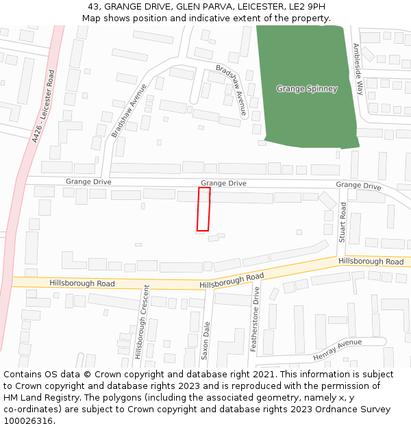 43, GRANGE DRIVE, GLEN PARVA, LEICESTER, LE2 9PH: Location map and indicative extent of plot