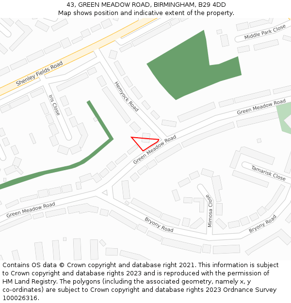 43, GREEN MEADOW ROAD, BIRMINGHAM, B29 4DD: Location map and indicative extent of plot