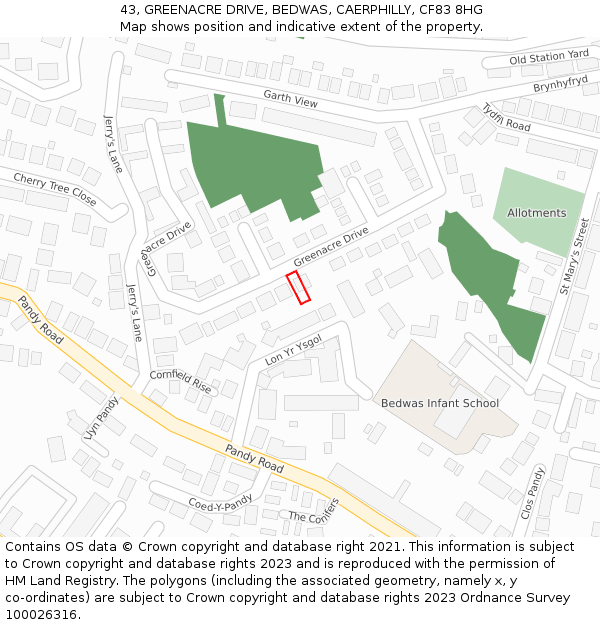 43, GREENACRE DRIVE, BEDWAS, CAERPHILLY, CF83 8HG: Location map and indicative extent of plot