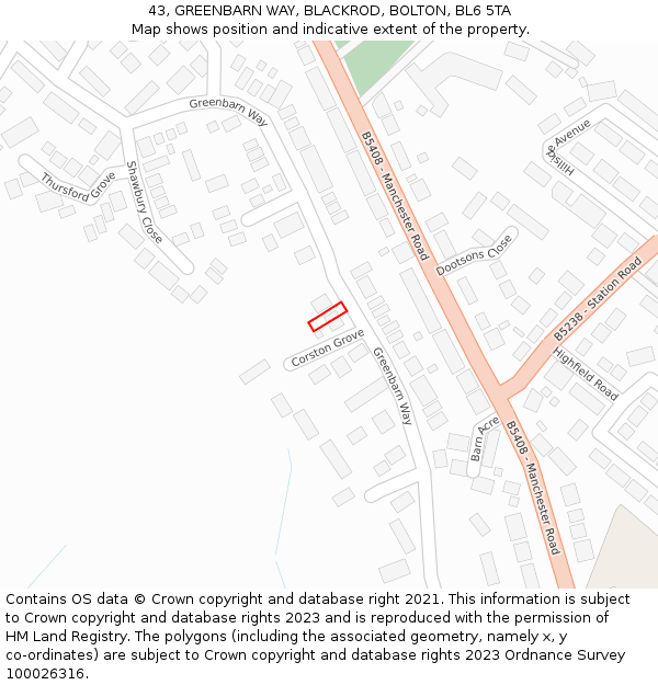 43, GREENBARN WAY, BLACKROD, BOLTON, BL6 5TA: Location map and indicative extent of plot