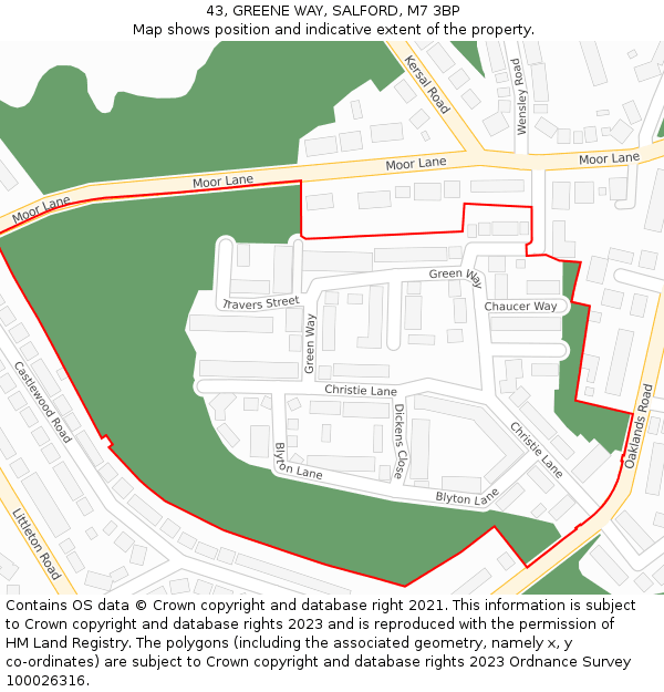 43, GREENE WAY, SALFORD, M7 3BP: Location map and indicative extent of plot