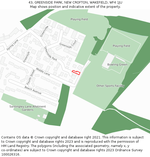 43, GREENSIDE PARK, NEW CROFTON, WAKEFIELD, WF4 1JU: Location map and indicative extent of plot