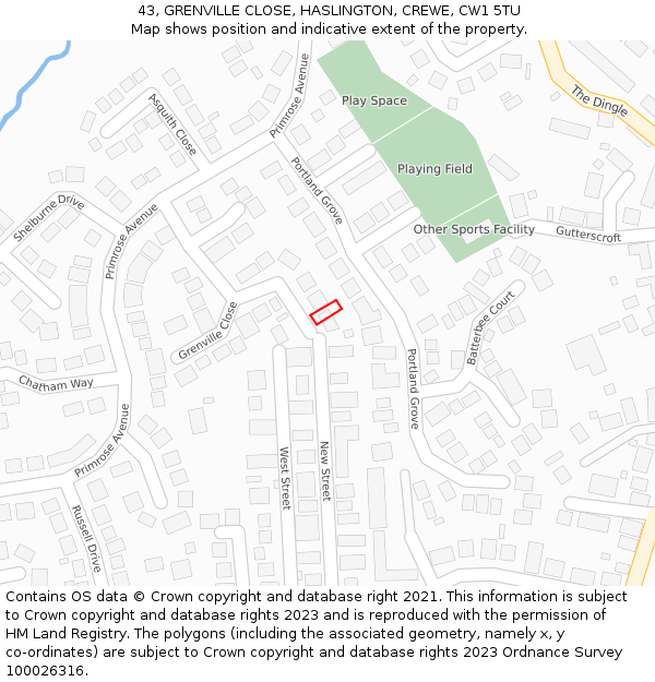 43, GRENVILLE CLOSE, HASLINGTON, CREWE, CW1 5TU: Location map and indicative extent of plot