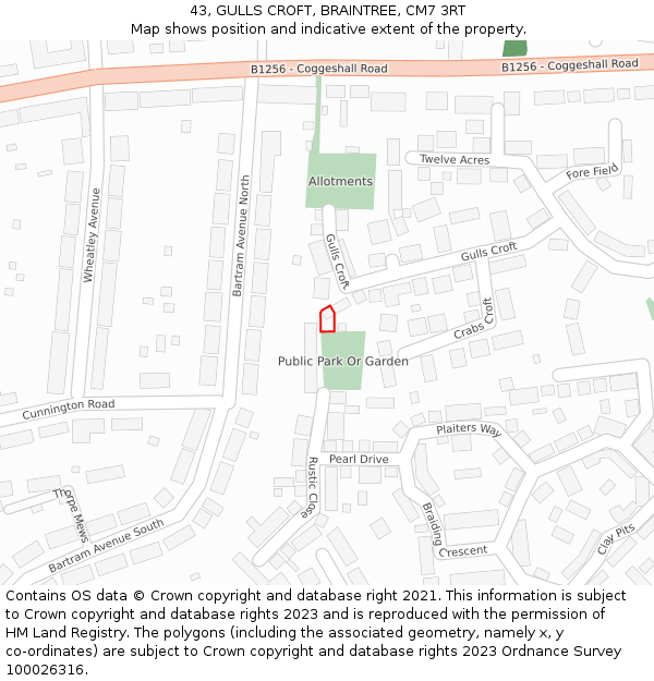 43, GULLS CROFT, BRAINTREE, CM7 3RT: Location map and indicative extent of plot