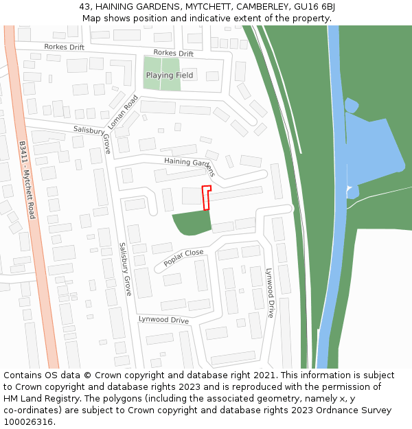 43, HAINING GARDENS, MYTCHETT, CAMBERLEY, GU16 6BJ: Location map and indicative extent of plot