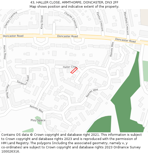 43, HALLER CLOSE, ARMTHORPE, DONCASTER, DN3 2FF: Location map and indicative extent of plot