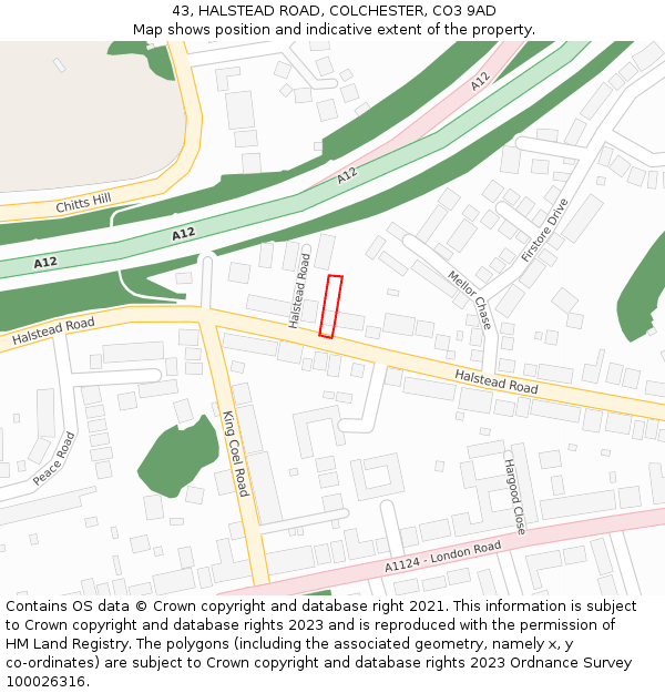 43, HALSTEAD ROAD, COLCHESTER, CO3 9AD: Location map and indicative extent of plot