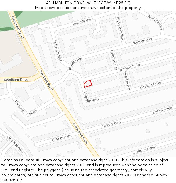 43, HAMILTON DRIVE, WHITLEY BAY, NE26 1JQ: Location map and indicative extent of plot