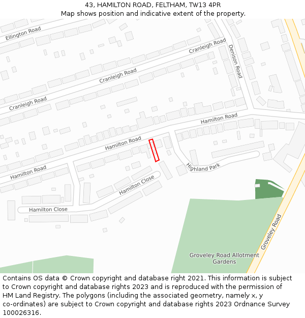 43, HAMILTON ROAD, FELTHAM, TW13 4PR: Location map and indicative extent of plot