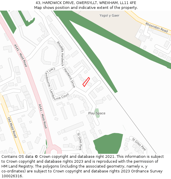 43, HARDWICK DRIVE, GWERSYLLT, WREXHAM, LL11 4FE: Location map and indicative extent of plot