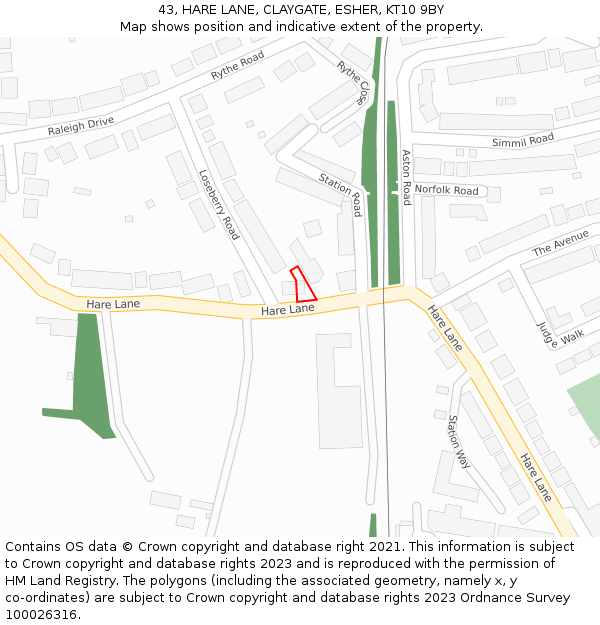 43, HARE LANE, CLAYGATE, ESHER, KT10 9BY: Location map and indicative extent of plot