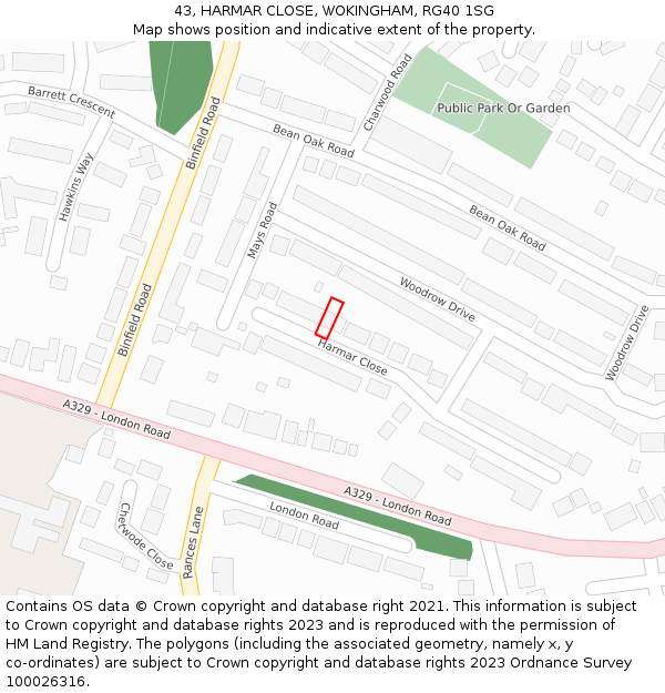 43, HARMAR CLOSE, WOKINGHAM, RG40 1SG: Location map and indicative extent of plot