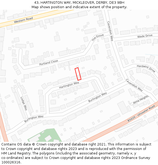 43, HARTINGTON WAY, MICKLEOVER, DERBY, DE3 9BH: Location map and indicative extent of plot