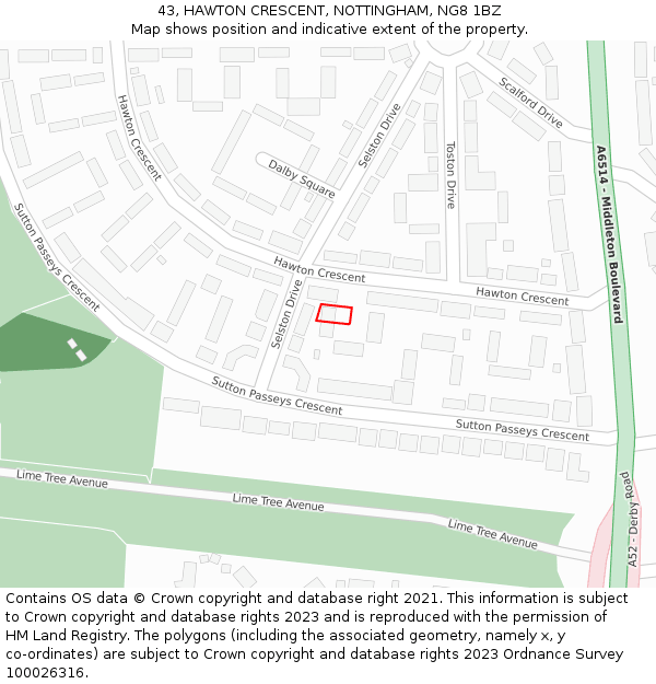 43, HAWTON CRESCENT, NOTTINGHAM, NG8 1BZ: Location map and indicative extent of plot