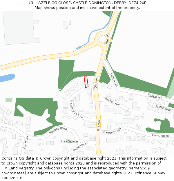 43, HAZELRIGG CLOSE, CASTLE DONINGTON, DERBY, DE74 2XE: Location map and indicative extent of plot