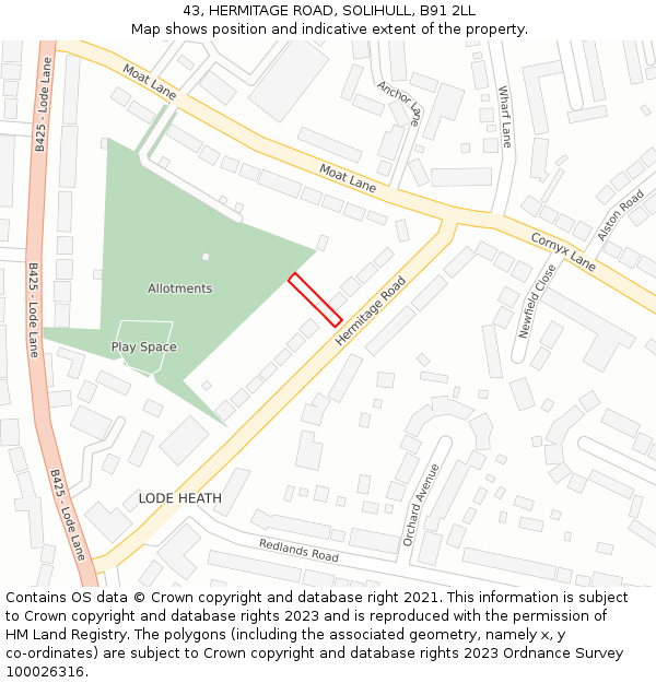 43, HERMITAGE ROAD, SOLIHULL, B91 2LL: Location map and indicative extent of plot