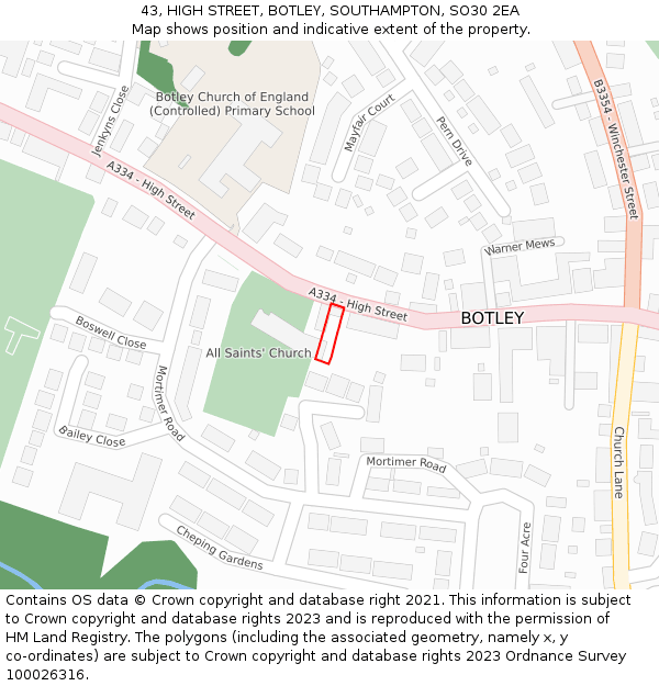 43, HIGH STREET, BOTLEY, SOUTHAMPTON, SO30 2EA: Location map and indicative extent of plot