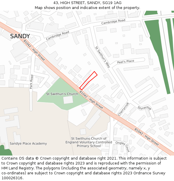 43, HIGH STREET, SANDY, SG19 1AG: Location map and indicative extent of plot