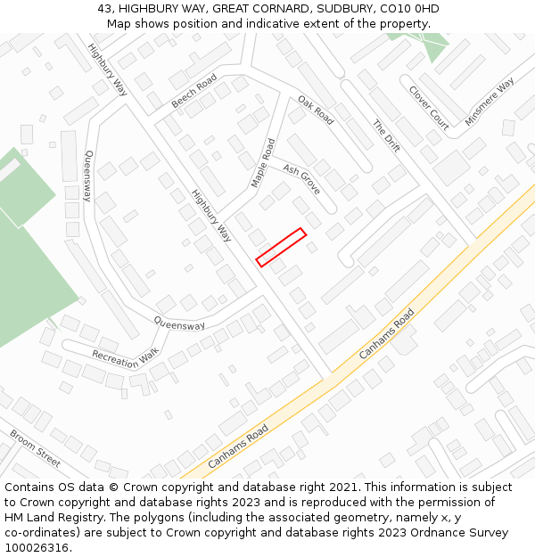 43, HIGHBURY WAY, GREAT CORNARD, SUDBURY, CO10 0HD: Location map and indicative extent of plot