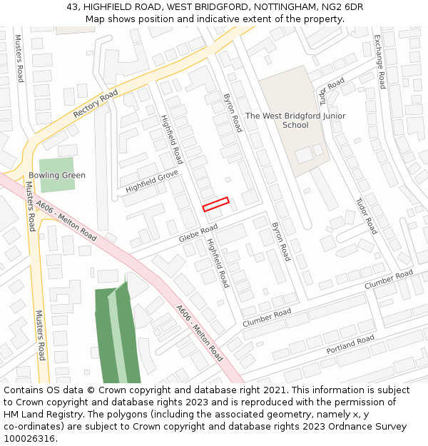 43, HIGHFIELD ROAD, WEST BRIDGFORD, NOTTINGHAM, NG2 6DR: Location map and indicative extent of plot