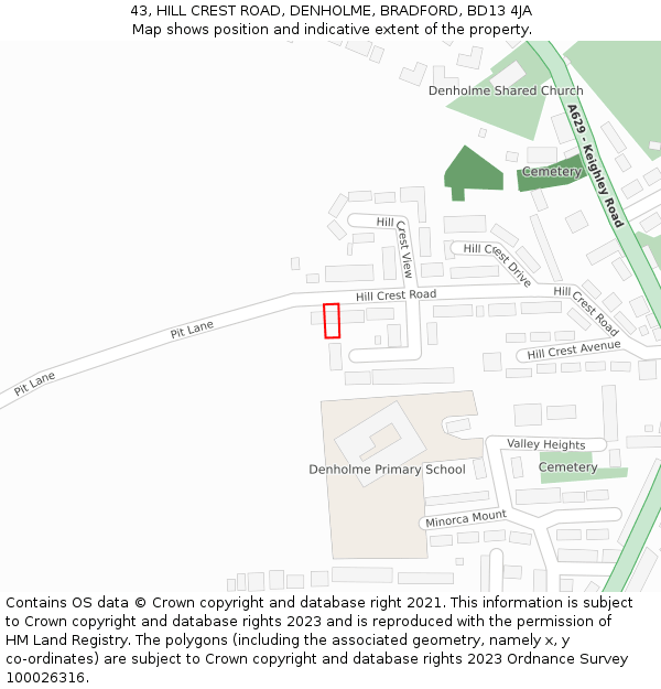 43, HILL CREST ROAD, DENHOLME, BRADFORD, BD13 4JA: Location map and indicative extent of plot