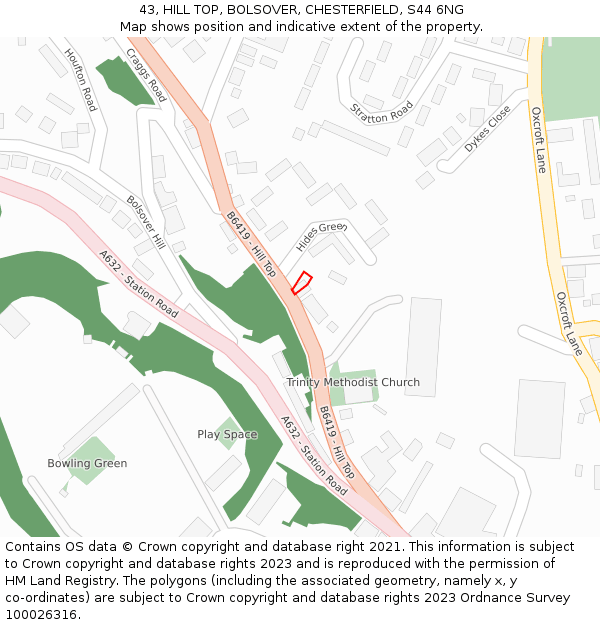 43, HILL TOP, BOLSOVER, CHESTERFIELD, S44 6NG: Location map and indicative extent of plot