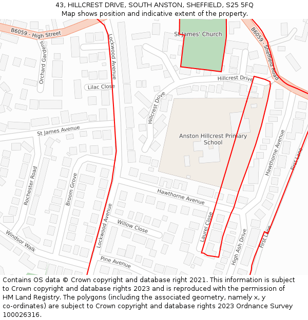 43, HILLCREST DRIVE, SOUTH ANSTON, SHEFFIELD, S25 5FQ: Location map and indicative extent of plot