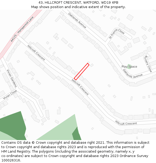 43, HILLCROFT CRESCENT, WATFORD, WD19 4PB: Location map and indicative extent of plot