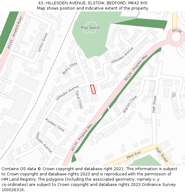 43, HILLESDEN AVENUE, ELSTOW, BEDFORD, MK42 9YX: Location map and indicative extent of plot