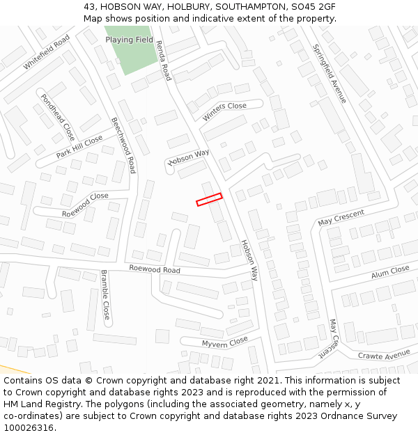 43, HOBSON WAY, HOLBURY, SOUTHAMPTON, SO45 2GF: Location map and indicative extent of plot