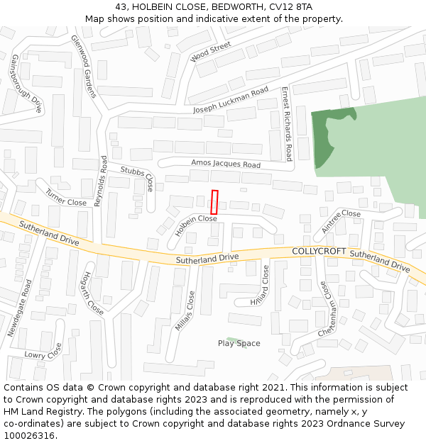 43, HOLBEIN CLOSE, BEDWORTH, CV12 8TA: Location map and indicative extent of plot