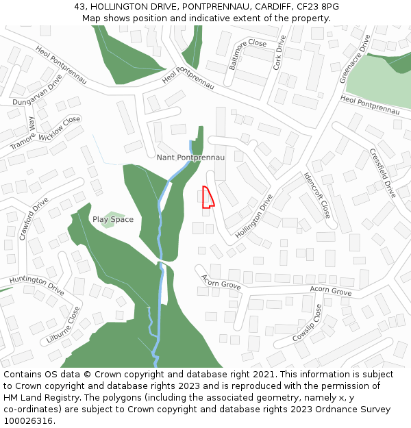 43, HOLLINGTON DRIVE, PONTPRENNAU, CARDIFF, CF23 8PG: Location map and indicative extent of plot